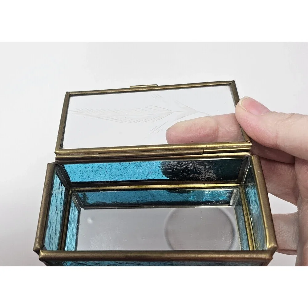 Vtg Brass & Etched Blue Glass Jewelry Trinket Box Footed Mirrored Made In Mexico